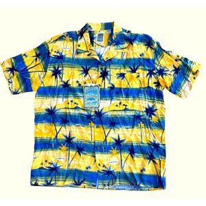 NEW Ocean Current Vintage Hawaiian Shirt XL Blue Yellow Palm Tree Print 100% Ray